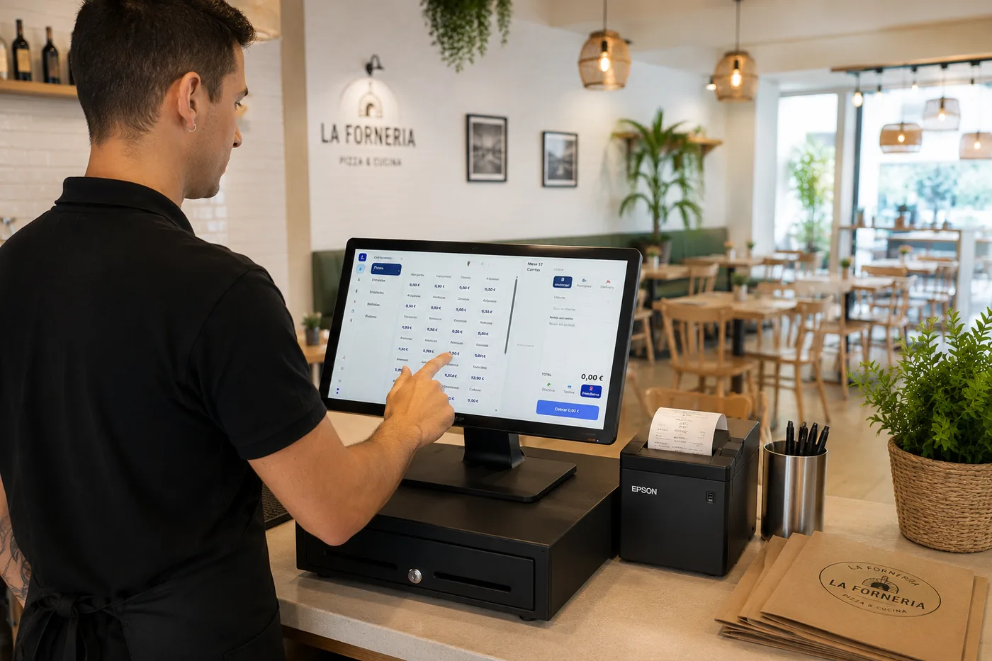 Camarero usando el TPV de Lirio en el mostrador de una pizzería
