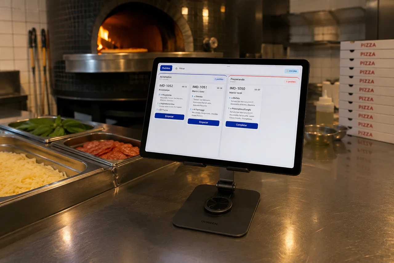 Tablet con la pantalla de cocina de Lirio mostrando las comandas en una pizzería