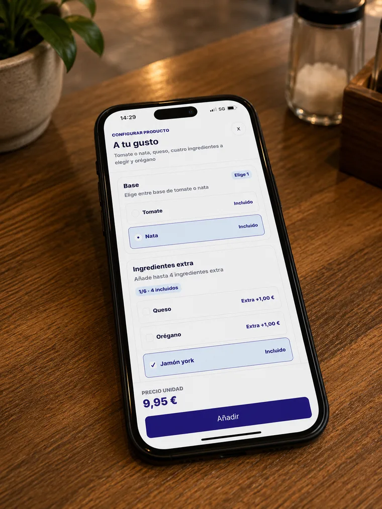 Configurador de producto de la carta online de Lirio en el móvil con base, ingredientes extra y precio