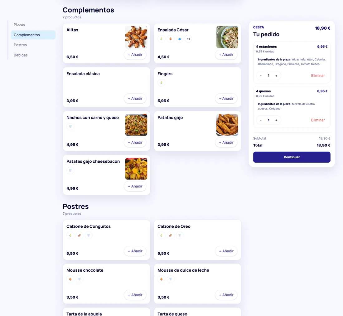 Carta online de Lirio con cesta de pedido
